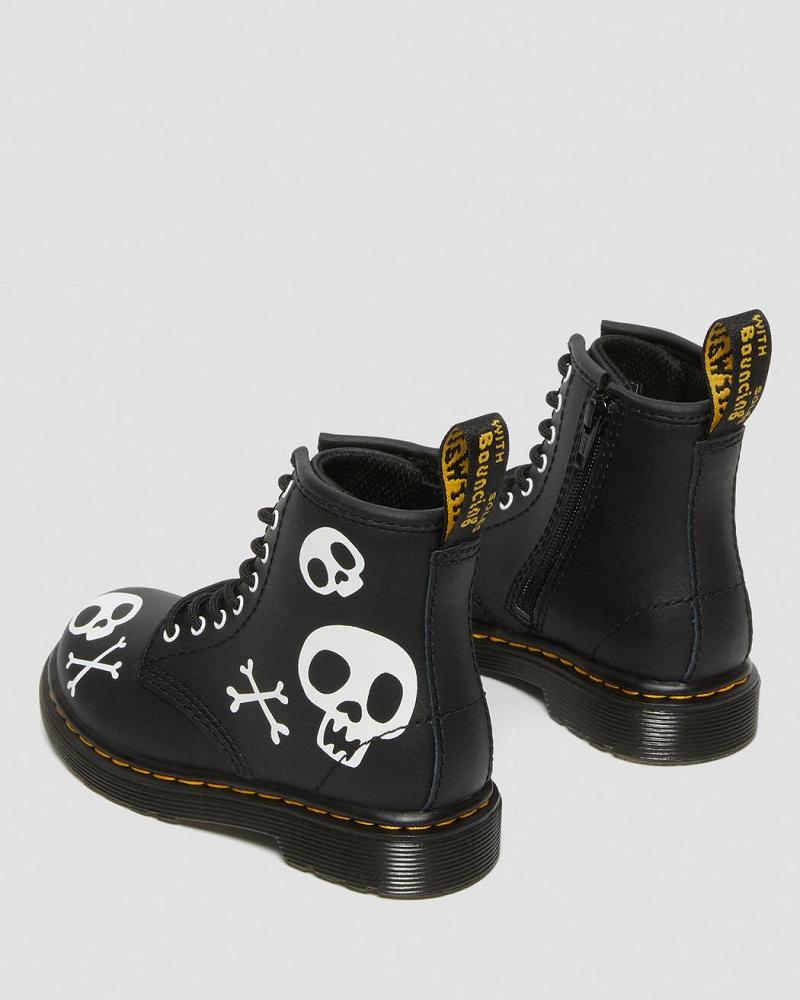 Dr Martens Toddler 1460 Skull & Bones Læder Snørestøvler Børn Sort Hvide | DK 704AHK